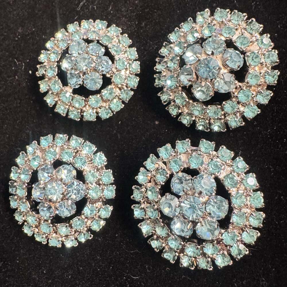 Vintage Blue Rhinestone Buttons Set of 4 Floral Silver Tone Filigree Chatons